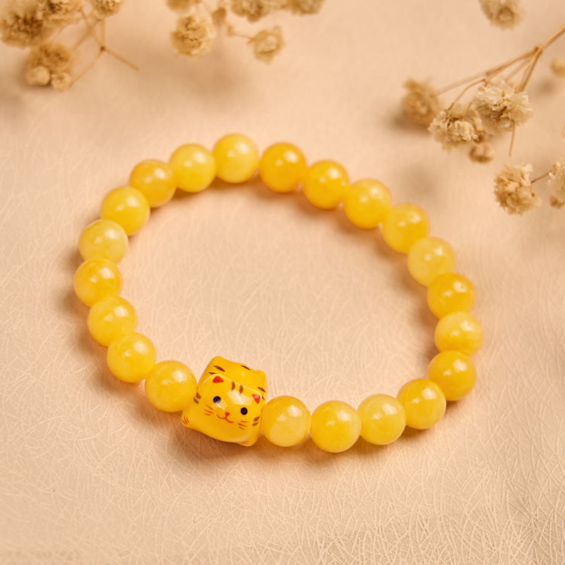 Bracelet Buddha Stones Chat tigré orange Calcédoine jaune Céramique Chaton Joy - image 1