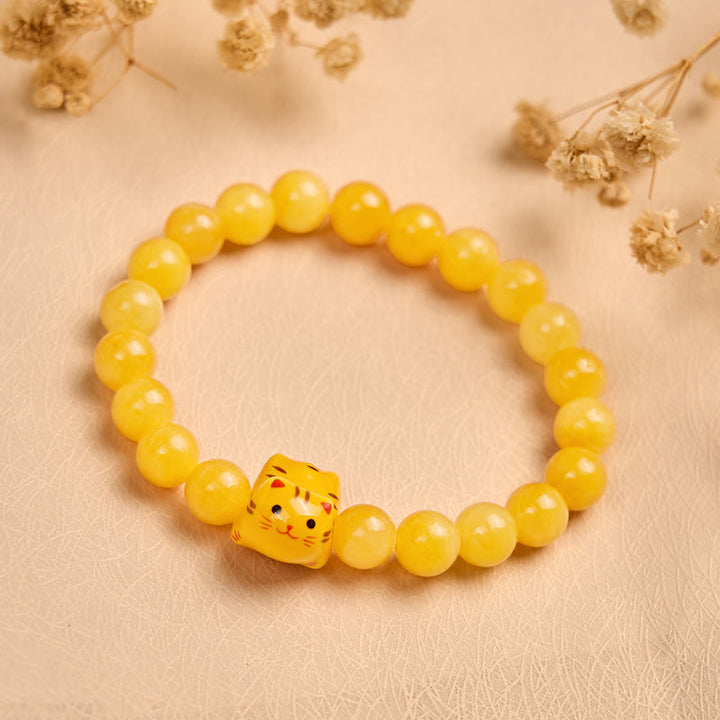 Bracelet Buddha Stones Chat tigré orange Calcédoine jaune Céramique Chaton Joy - image 1