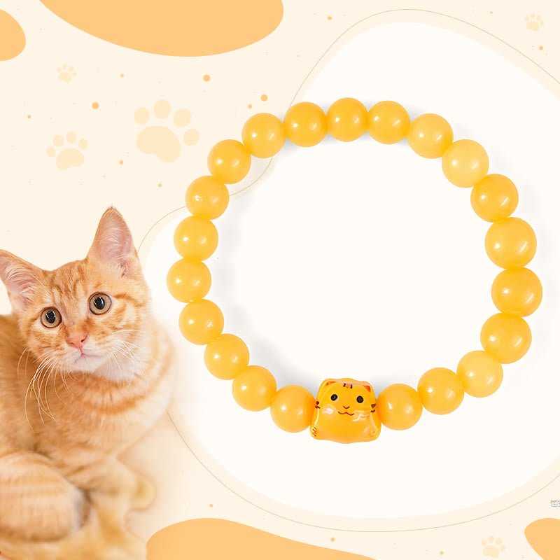 Bracelet Buddha Stones Chat tigré orange Calcédoine jaune Céramique Chaton Joy - Chat tigré orange (tour de poignet 15-16 cm) - image 0
