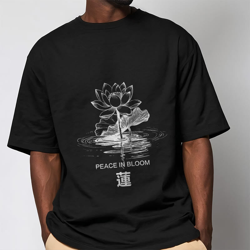 T-shirt en coton à motif ondulé Buddha Stones , fleur de lotus et feuille de lotus - image 2