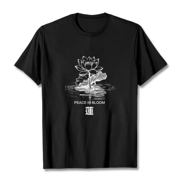 T-shirt en coton à motif ondulé Buddha Stones , fleur de lotus et feuille de lotus - Noir - 2XL - image 1