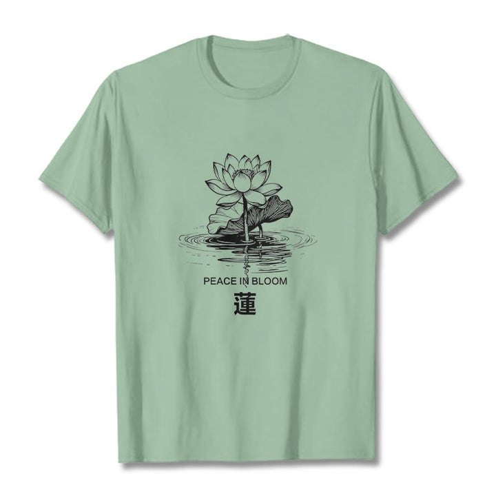 T-shirt en coton à motif ondulé Buddha Stones , fleur de lotus et feuille de lotus - Vert pâle - 2XL - image 15