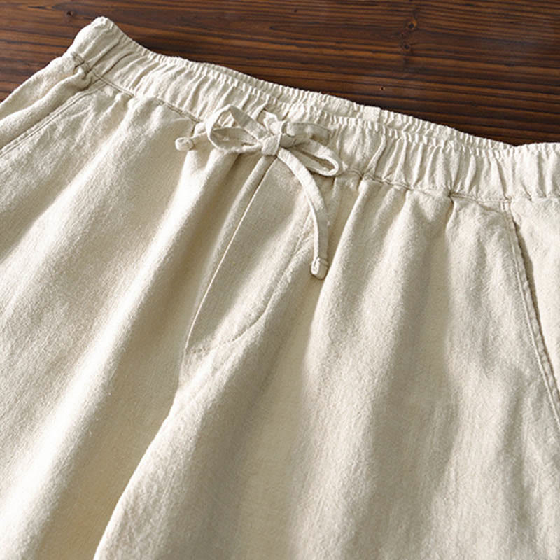 Pantalon décontracté en lin ramie avec cordon de serrage et poches pour homme, couleur unie, design simple, motif Buddha Stones - image 1