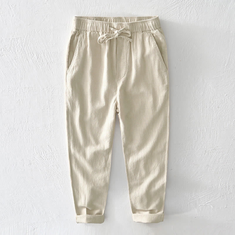 Pantalon décontracté en lin ramie avec cordon de serrage et poches pour homme, couleur unie, design simple, motif Buddha Stones - Verge d'or claireJaune - US/UK/AU44，EU54 (4XL) - image 0