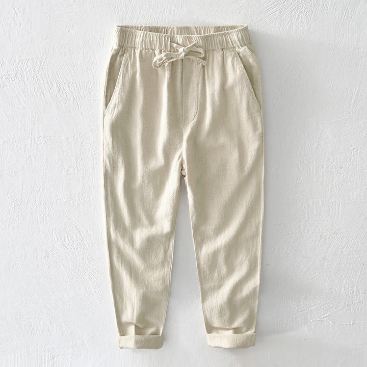 Pantalon décontracté en lin ramie avec cordon de serrage et poches pour homme, couleur unie, design simple, motif Buddha Stones - Verge d'or claireJaune - US/UK/AU44，EU54 (4XL) - image 0