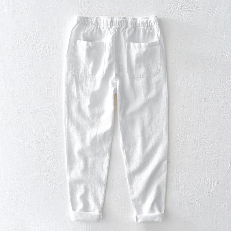 Pantalon décontracté en lin ramie avec cordon de serrage et poches pour homme, couleur unie, design simple, motif Buddha Stones - image 6