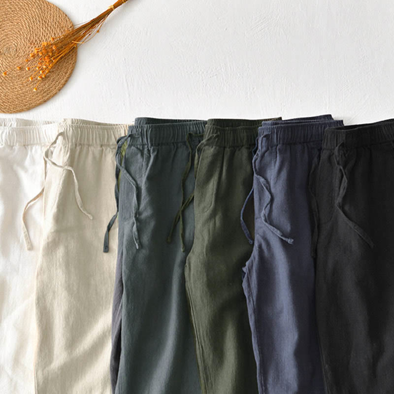 Pantalon décontracté en lin ramie avec cordon de serrage et poches pour homme, couleur unie, design simple, motif Buddha Stones - image 33