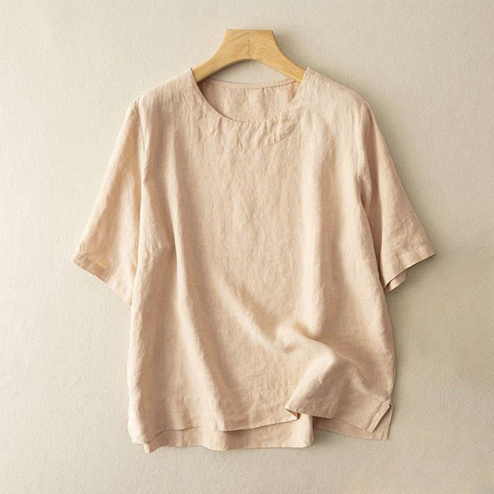 T-shirt simple à manches courtes et col ras du cou pour femme, en coton, avec fente latérale et motif Buddha Stones - Kaki - US12，UK/AU16，EU44 (3XL) - image 3