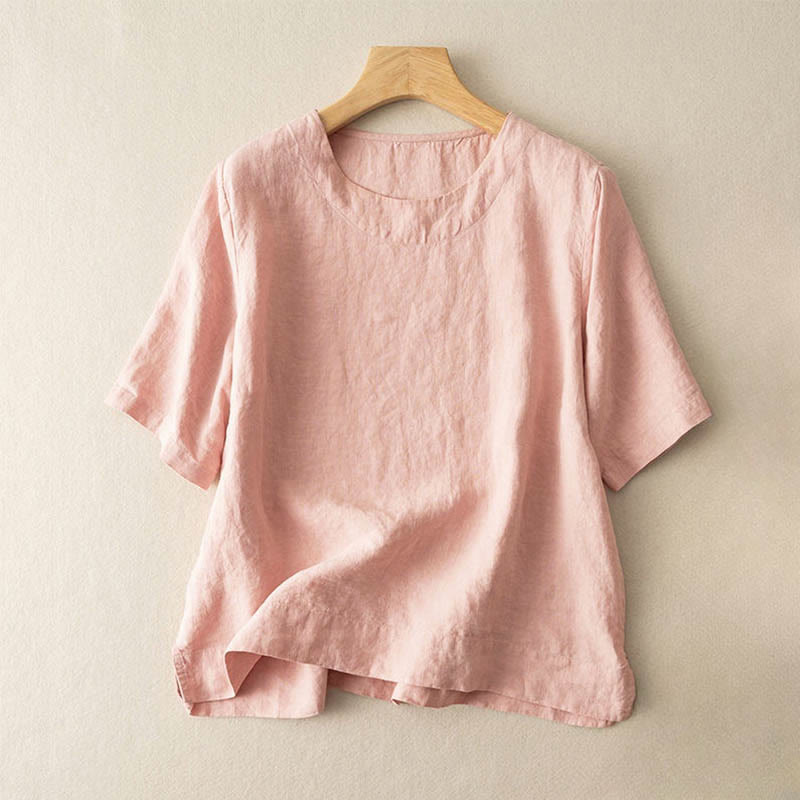 T-shirt simple à manches courtes et col ras du cou pour femme, en coton, avec fente latérale et motif Buddha Stones - Rose clair - US12，UK/AU16，EU44 (3XL) - image 2
