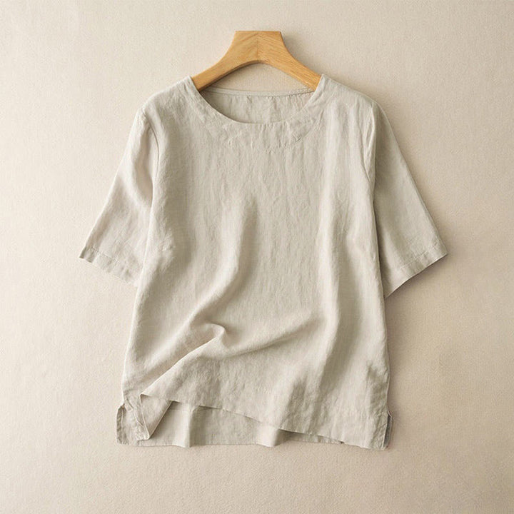 T-shirt simple à manches courtes et col ras du cou pour femme, en coton, avec fente latérale et motif Buddha Stones - Beige - US12，UK/AU16，EU44 (3XL) - image 6