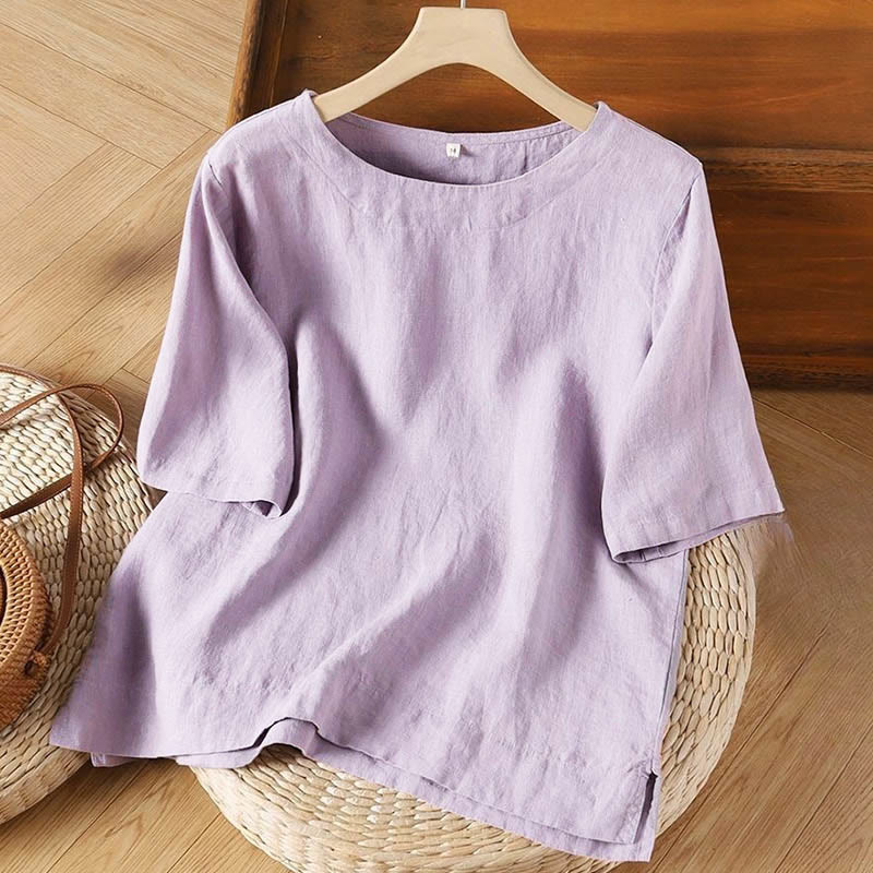 T-shirt simple à manches courtes et col ras du cou pour femme, en coton, avec fente latérale et motif Buddha Stones - Prune - US12，UK/AU16，EU44 (3XL) - image 1