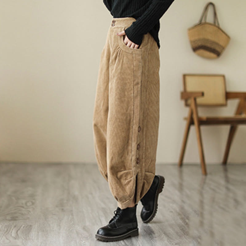 Pantalon en velours côtelé pour femme avec poches et boutons décontractés, orné de Buddha Stones - image 1
