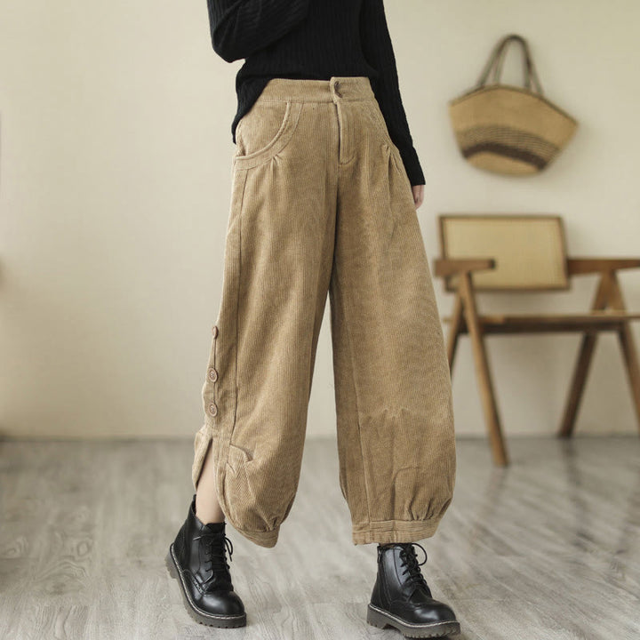 Pantalon décontracté en velours côtelé de coton avec poches et boutons pour femme Motif Buddha Stones - Verge d'or - US8-10，UK/AU12-14，EU40-42 (2XL) - image 1