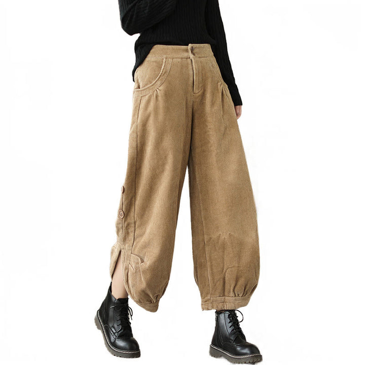 Pantalon décontracté en velours côtelé de coton avec poches et boutons pour femme Motif Buddha Stones - image 9