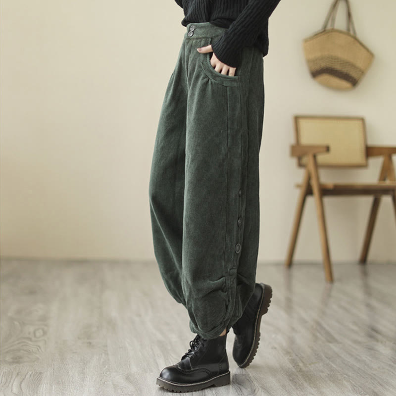 Pantalon en velours côtelé pour femme avec poches et boutons décontractés, orné de Buddha Stones - image 14