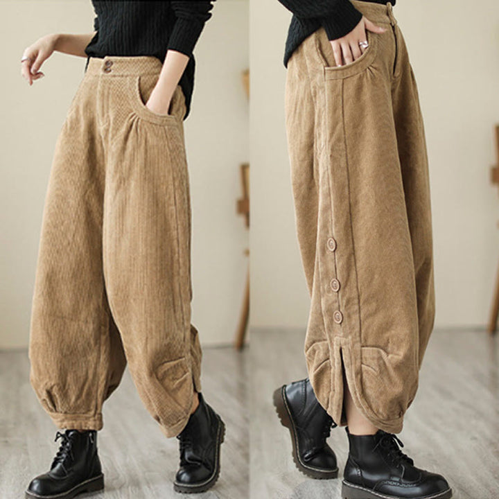 Pantalon en velours côtelé pour femme avec poches et boutons décontractés, orné de Buddha Stones - image 4