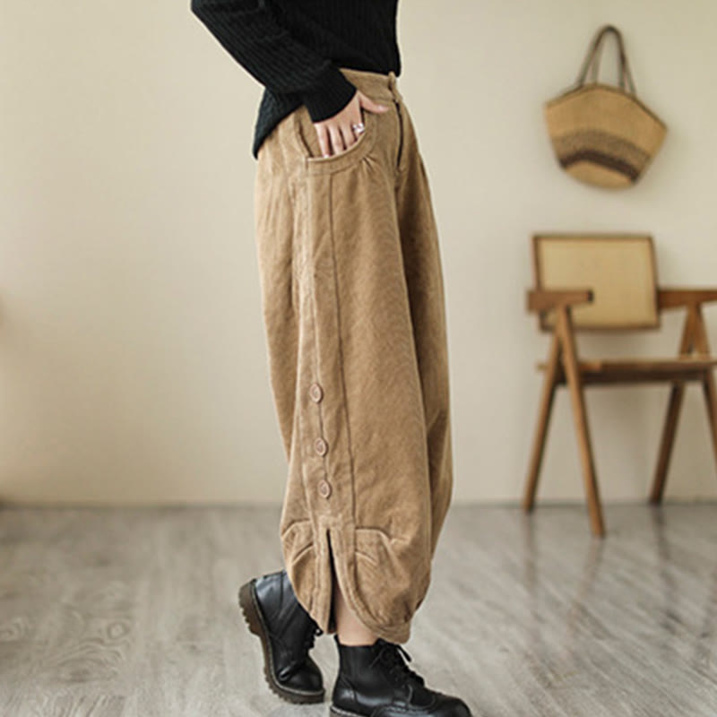 Pantalon en velours côtelé pour femme avec poches et boutons décontractés, orné de Buddha Stones - image 3
