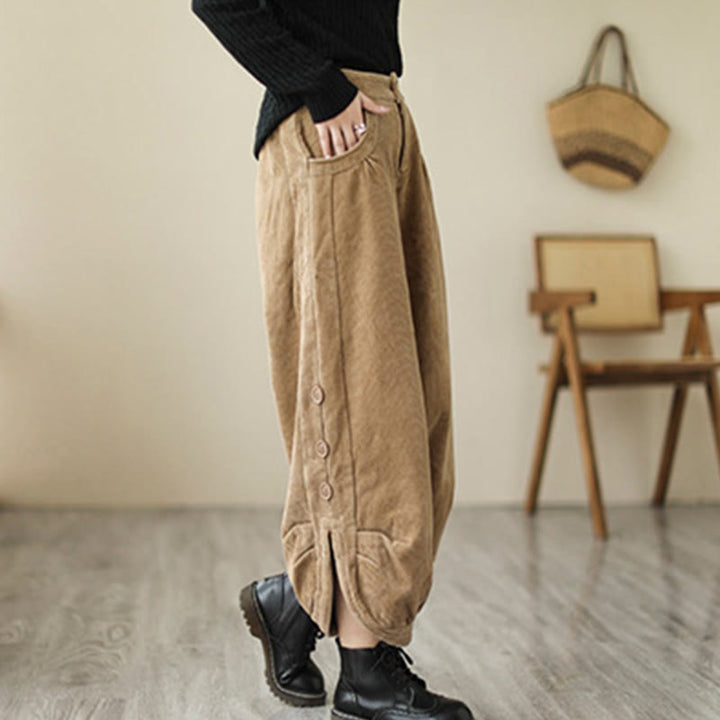 Pantalon en velours côtelé pour femme avec poches et boutons décontractés, orné de Buddha Stones - image 3