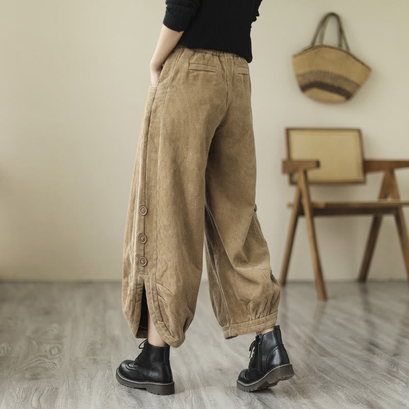 Pantalon en velours côtelé pour femme avec poches et boutons décontractés, orné de Buddha Stones - image 2