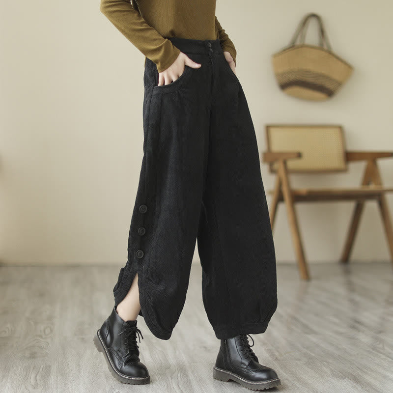 Pantalon décontracté en velours côtelé de coton avec poches et boutons pour femme Motif Buddha Stones - Noir - US8-10，UK/AU12-14，EU40-42 (2XL) - image 10