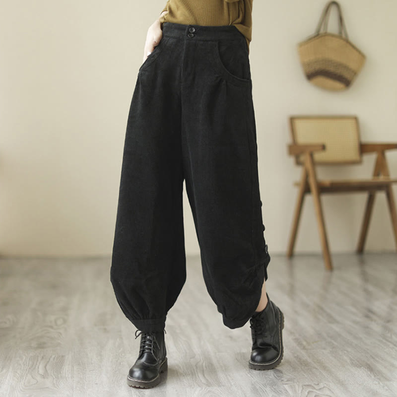 Pantalon en velours côtelé pour femme avec poches et boutons décontractés, orné de Buddha Stones - image 11