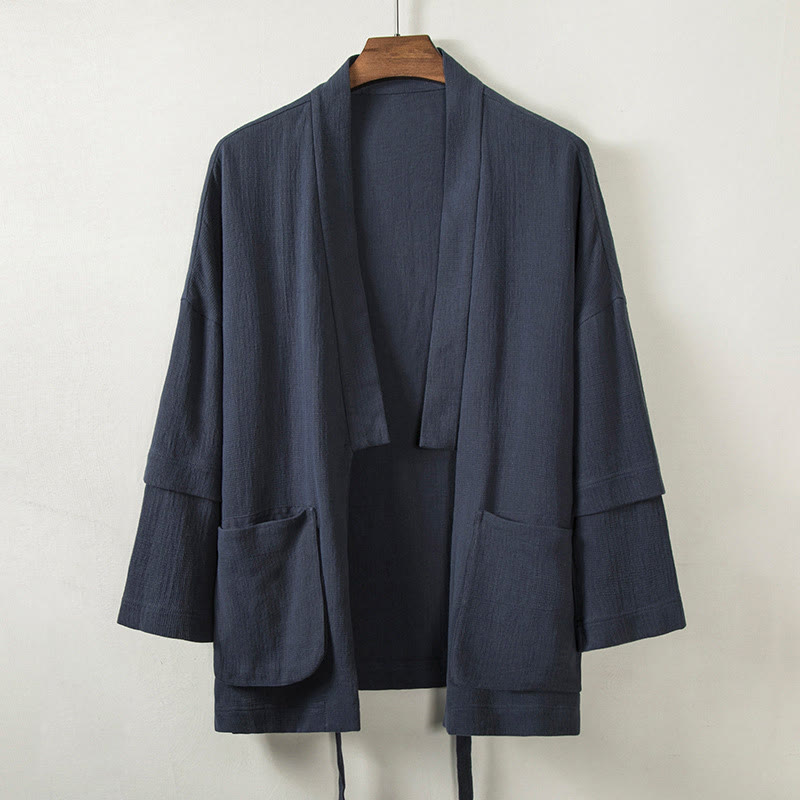 Buddha Stones kimono en coton et lin pour homme, couleur pure, design simple, ouvert sur le devant, avec poches - Bleu nuit - US/UK/AU48，EU58 (4XL) - image 1