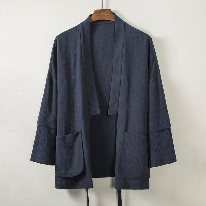 Buddha Stones kimono en coton et lin pour homme, couleur pure, design simple, ouvert sur le devant, avec poches - Bleu nuit - US/UK/AU48，EU58 (4XL) - image 1