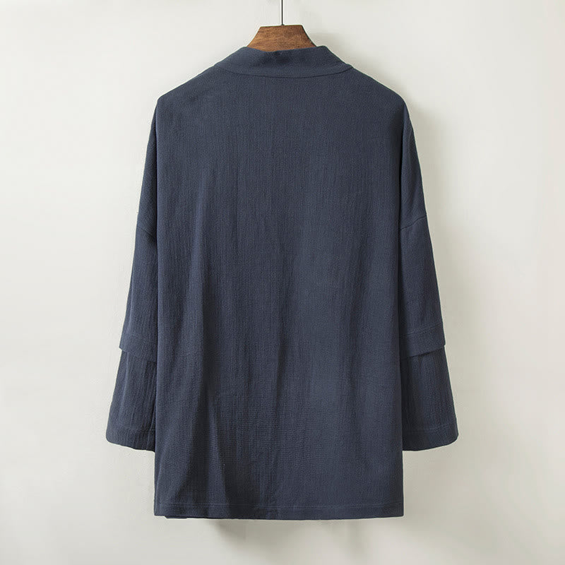 Buddha Stones kimono en coton et lin pour homme, couleur pure, design simple, ouvert sur le devant, avec poches - image 2
