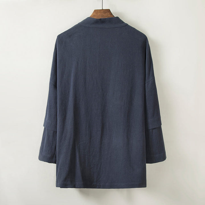 Buddha Stones kimono en coton et lin pour homme, couleur pure, design simple, ouvert sur le devant, avec poches - image 2