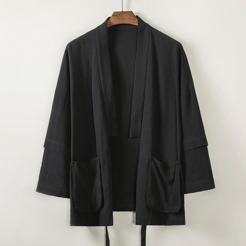 Buddha Stones kimono en coton et lin pour homme, couleur pure, design simple, ouvert sur le devant, avec poches - Noir - US/UK/AU48，EU58 (4XL) - image 6