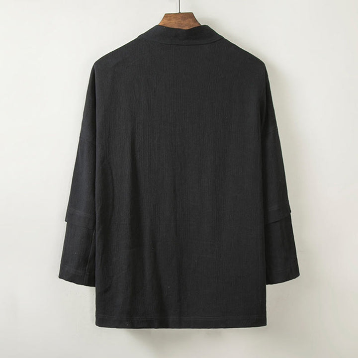 Buddha Stones kimono en coton et lin pour homme, couleur pure, design simple, ouvert sur le devant, avec poches - image 7