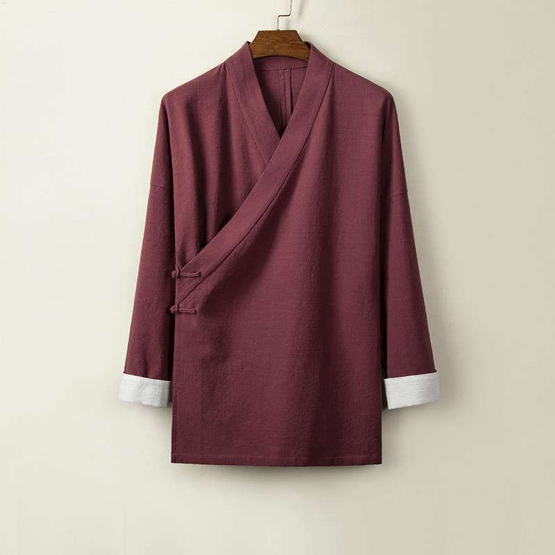 Veste kimono en coton et lin pour homme, style rétro chinois, avec boutons grenouille et Buddha Stones - Rouge foncé - US/UK/AU44，EU54 (4XL) - image 5