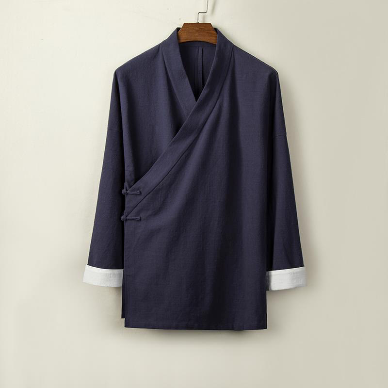 Veste kimono en coton et lin pour homme, style rétro chinois, avec boutons grenouille et Buddha Stones - Bleu nuit - US/UK/AU44，EU54 (4XL) - image 7