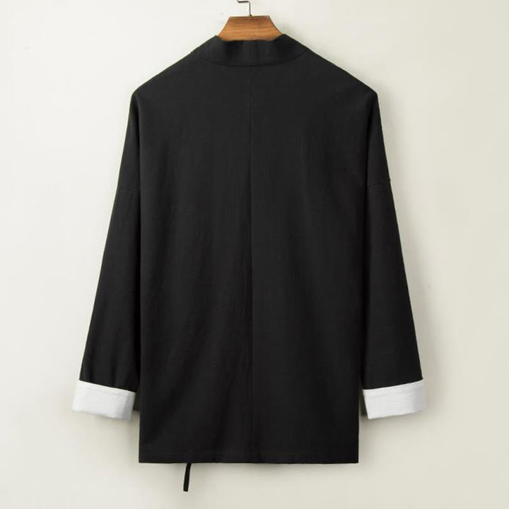 Veste kimono en coton et lin pour homme, manches longues, boutons grenouille chinois, Buddha Stones , ouvert sur le devant - image 3