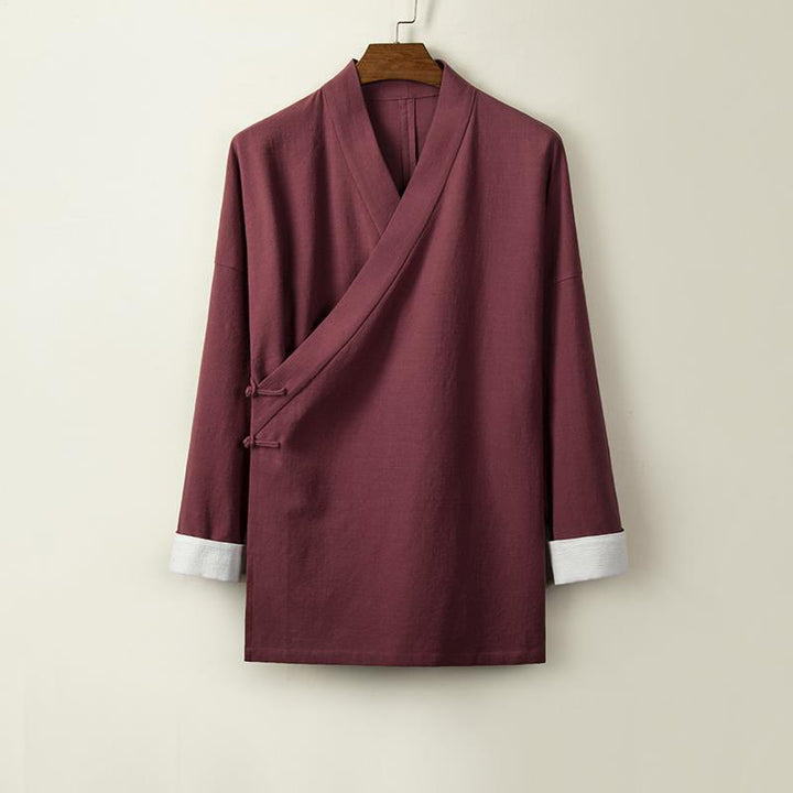 Veste kimono en coton et lin pour homme, manches longues, boutons grenouille chinois, Buddha Stones , ouvert sur le devant - Rouge foncé - US/UK/AU44，EU54 (4XL) - image 4