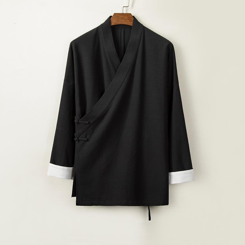 Veste kimono en coton et lin pour homme, manches longues, boutons grenouille chinois, Buddha Stones , ouvert sur le devant - Noir - US/UK/AU44，EU54 (4XL) - image 2