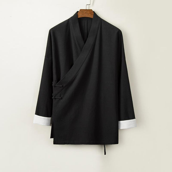 Veste kimono en coton et lin pour homme, manches longues, boutons grenouille chinois, Buddha Stones , ouvert sur le devant - Noir - US/UK/AU44，EU54 (4XL) - image 2
