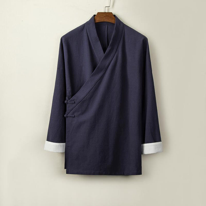 Veste kimono en coton et lin pour homme, manches longues, boutons grenouille chinois, Buddha Stones , ouvert sur le devant - Bleu nuit - US/UK/AU44，EU54 (4XL) - image 6