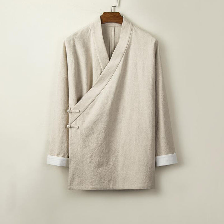 Veste kimono en coton et lin pour homme, manches longues, boutons grenouille chinois, Buddha Stones , ouvert sur le devant - Beige - US/UK/AU44，EU54 (4XL) - image 0