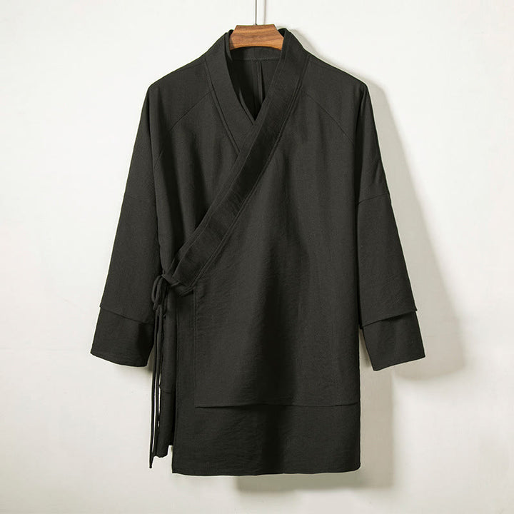 Veste kimono à manches longues en coton et lin pour homme, avec lacets et Buddha Stones - Noir - US/UK/AU44，EU54 (4XL) - image 0