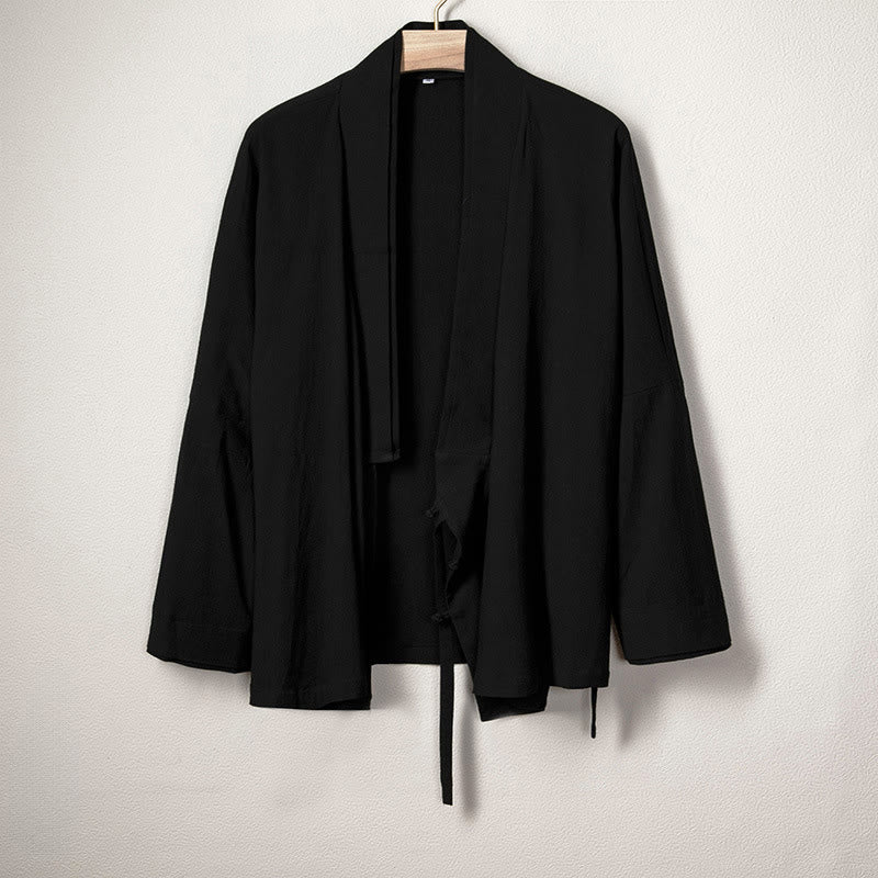 Veste kimono décontractée en coton et lin pour homme Buddha Stones, design uni, ouverte sur le devant - Noir - US/UK/AU44，EU54 (4XL) - image 1