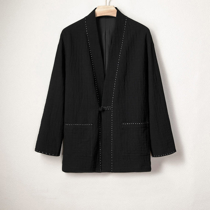 Veste kimono en coton et lin pour homme, style ouvert sur le devant, à plis unis et à boutons grenouille, signée Buddha Stones - Noir - US/UK/AU48，EU58 (4XL) - image 7