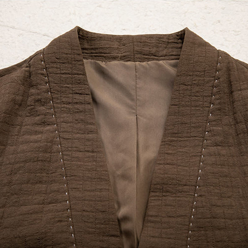 Veste kimono en coton et lin pour homme, style ouvert sur le devant, à plis unis et à boutons grenouille, signée Buddha Stones - image 3