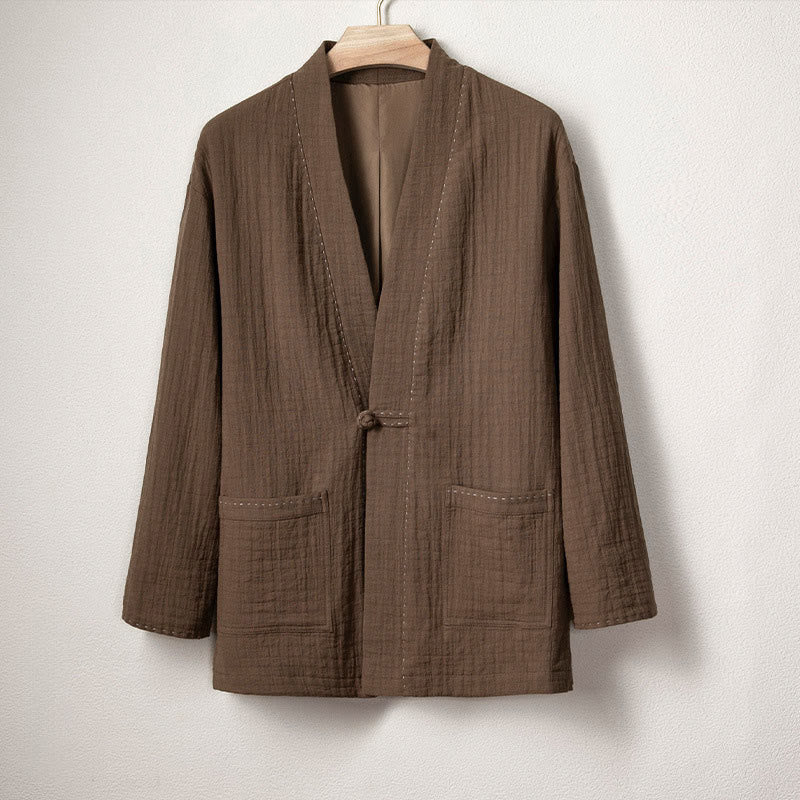 Veste kimono en coton et lin pour homme, style ouvert sur le devant, à plis unis et à boutons grenouille, signée Buddha Stones - SaddleBrown - US/UK/AU48，EU58 (4XL) - image 1