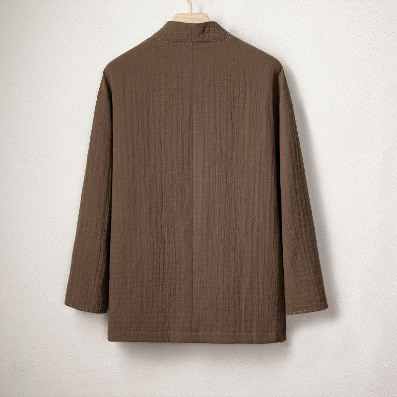 Veste kimono en coton et lin pour homme, style ouvert sur le devant, à plis unis et à boutons grenouille, signée Buddha Stones - image 2