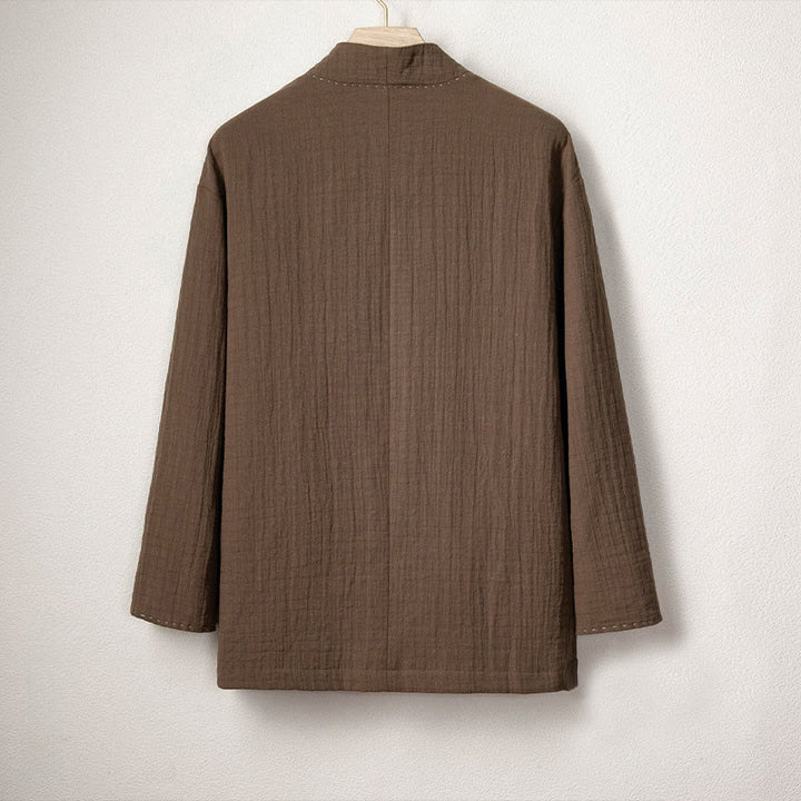 Veste kimono en coton et lin pour homme, style ouvert sur le devant, à plis unis et à boutons grenouille, signée Buddha Stones - image 2