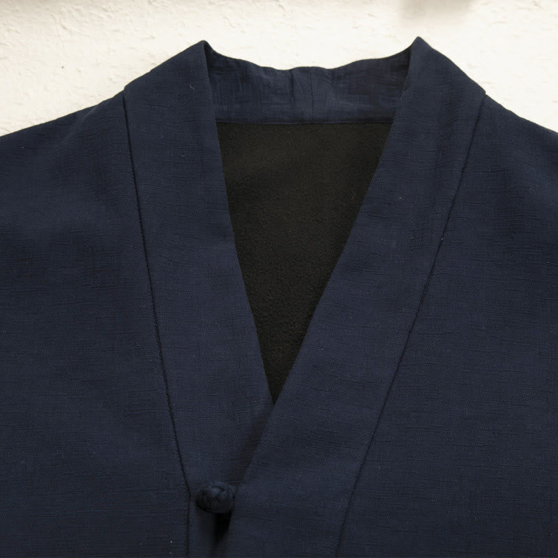 Veste kimono en coton et lin pour homme, unie, avec boutons grenouille, doublure polaire et devant ouvert, signée Buddha Stones - image 3