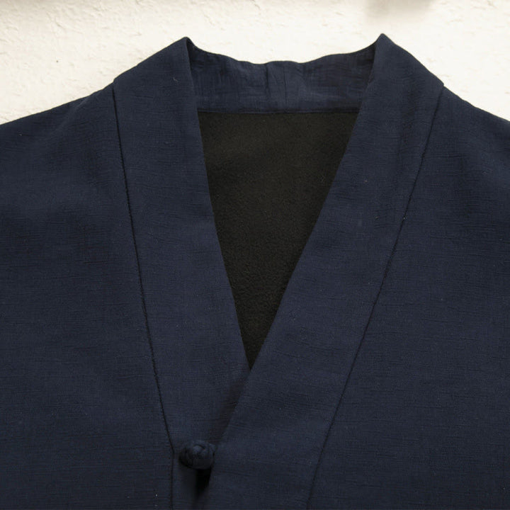 Veste kimono en coton et lin pour homme, unie, avec boutons grenouille, doublure polaire et devant ouvert, signée Buddha Stones - image 3