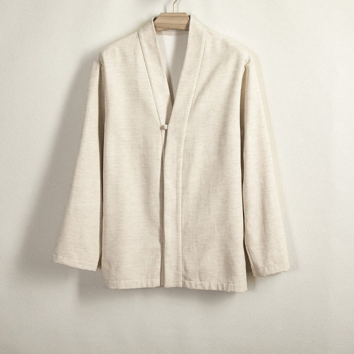 Veste kimono en coton et lin pour homme, unie, avec boutons grenouille, doublure polaire et devant ouvert, signée Buddha Stones - Beige - US/UK/AU44，EU54 (4XL) - image 8