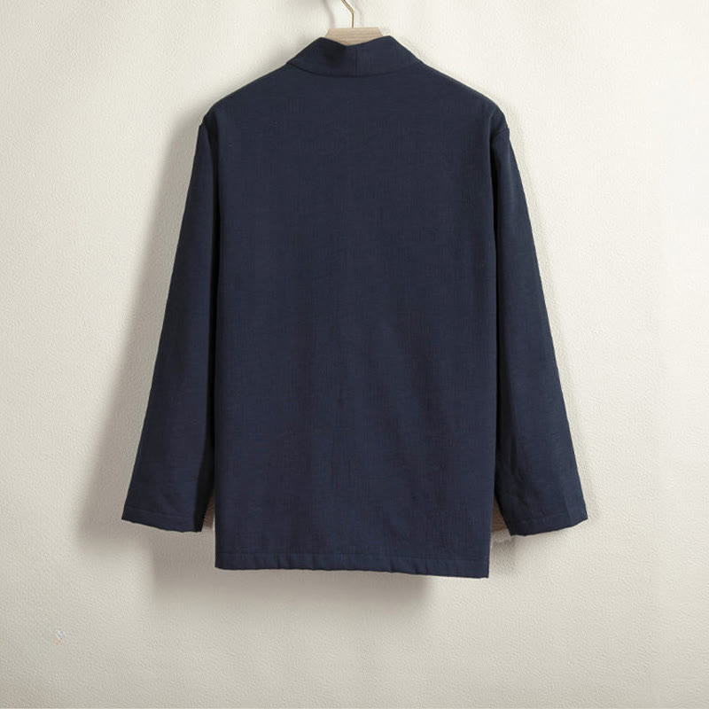 Veste kimono en coton et lin pour homme, unie, avec boutons grenouille, doublure polaire et devant ouvert, signée Buddha Stones - image 2